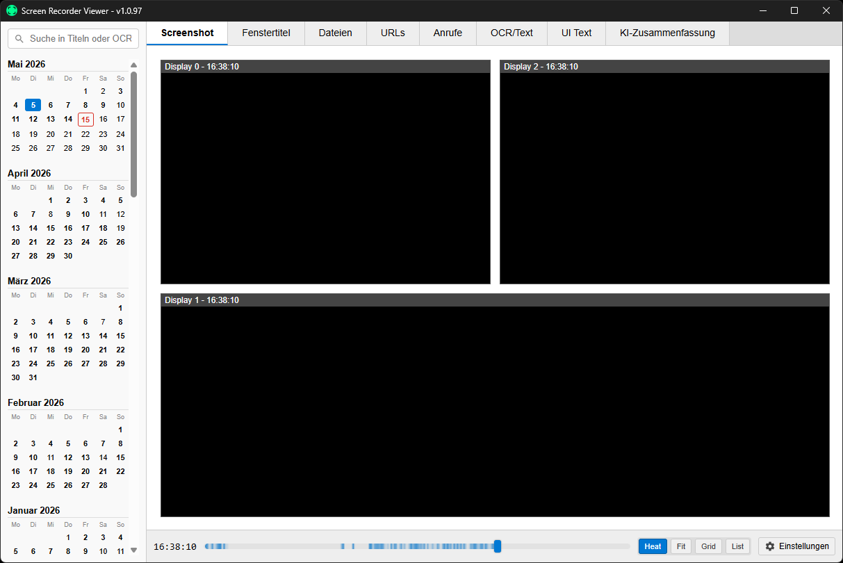 Screen Recorder mit Zeitleiste, Bildschirmaufnahme und erfassten Metadaten