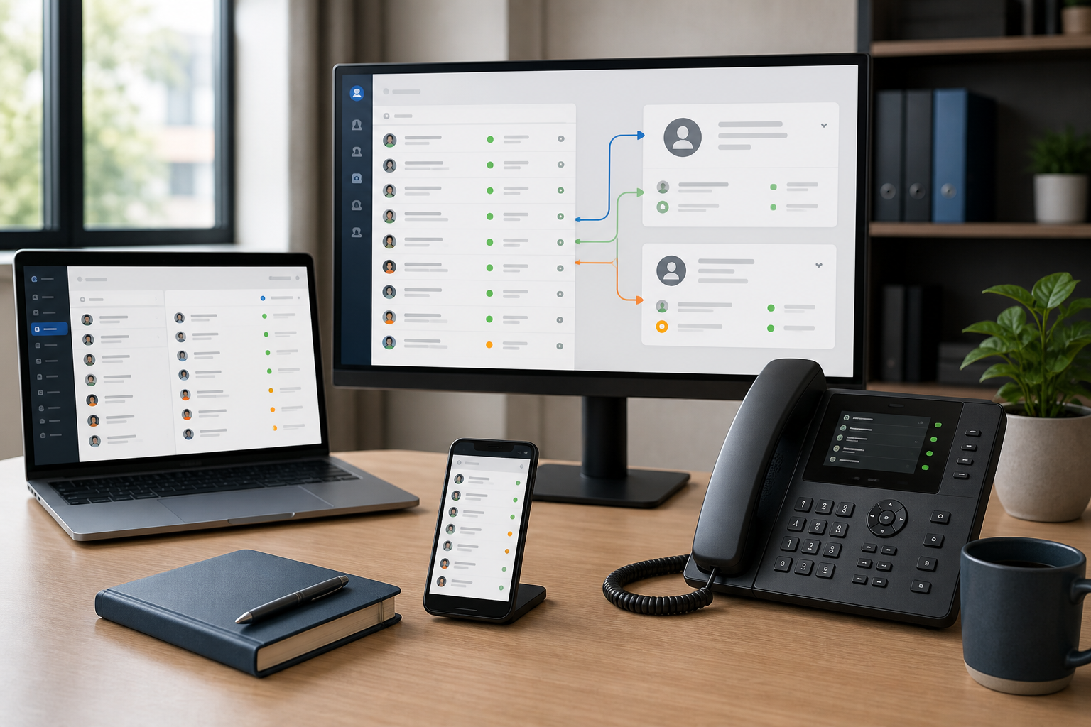 Synchronisierte Kontakte und Präsenzinformationen auf Telefon, Notebook und Smartphone