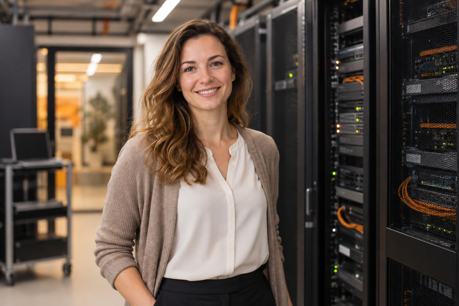 Eine Kundin blickt lächelnd in die Kamera, im Hintergrund steht ein Serverraum