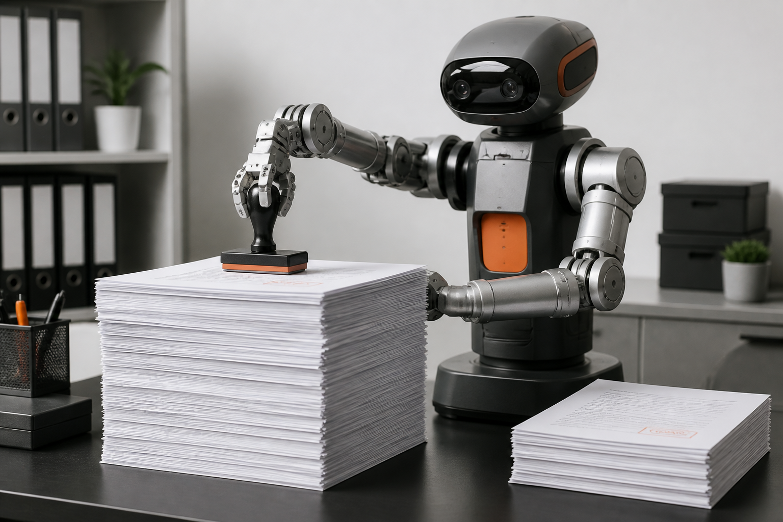 Ein Roboter stempelt Dokumente auf einem großen Papierstapel