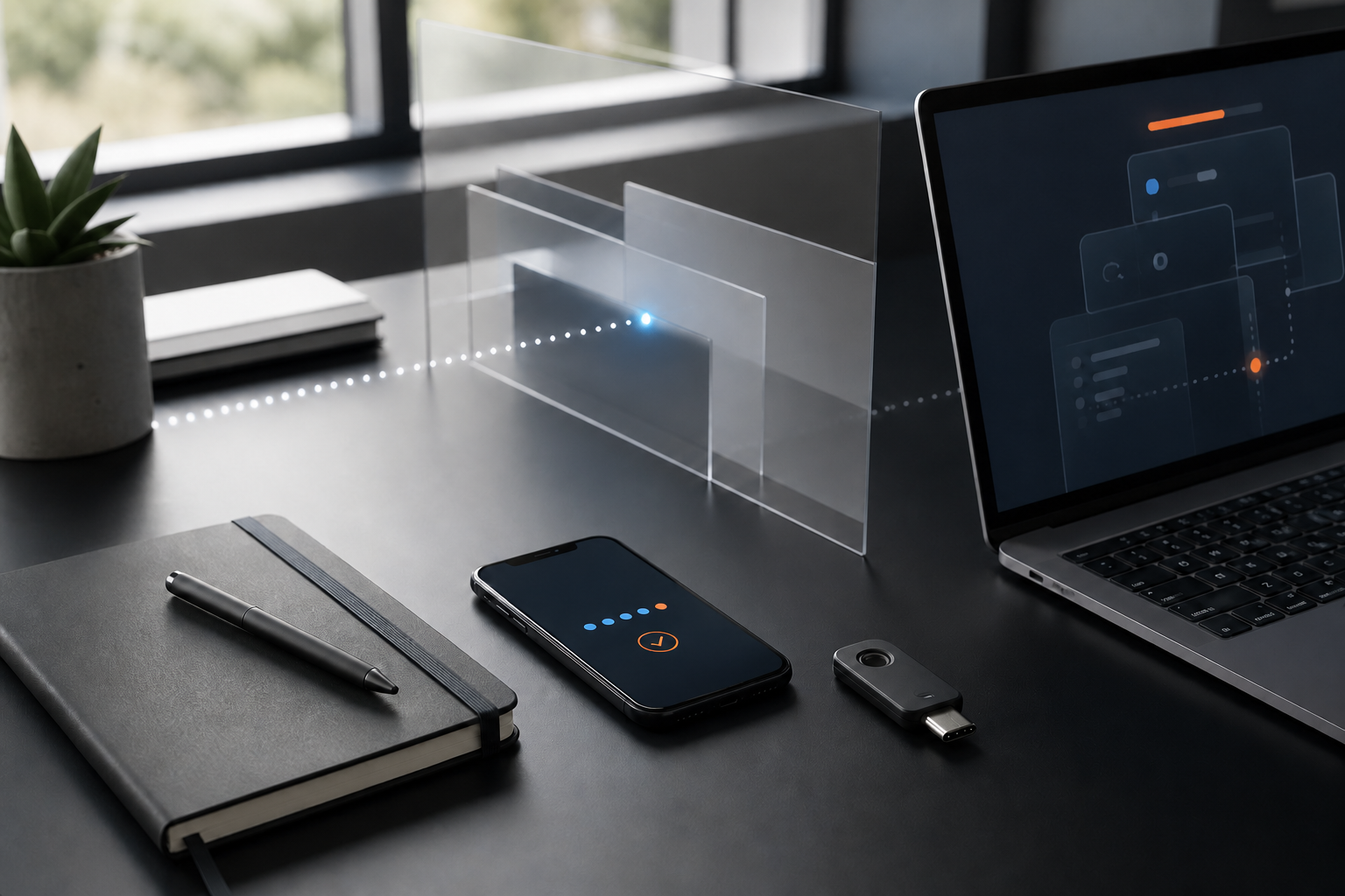 Notebook, Smartphone und Sicherheitsschlüssel für geschützte Cloud-Zugriffe