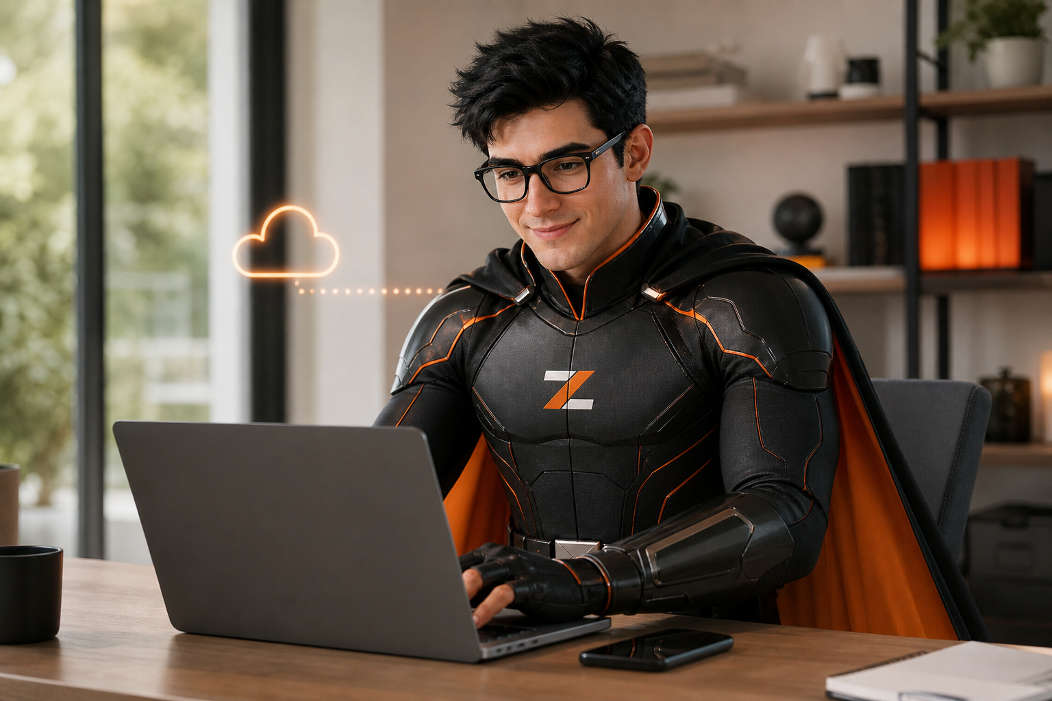 Bytezero arbeitet sicher mit Notebook und Smartphone aus einem modernen Homeoffice