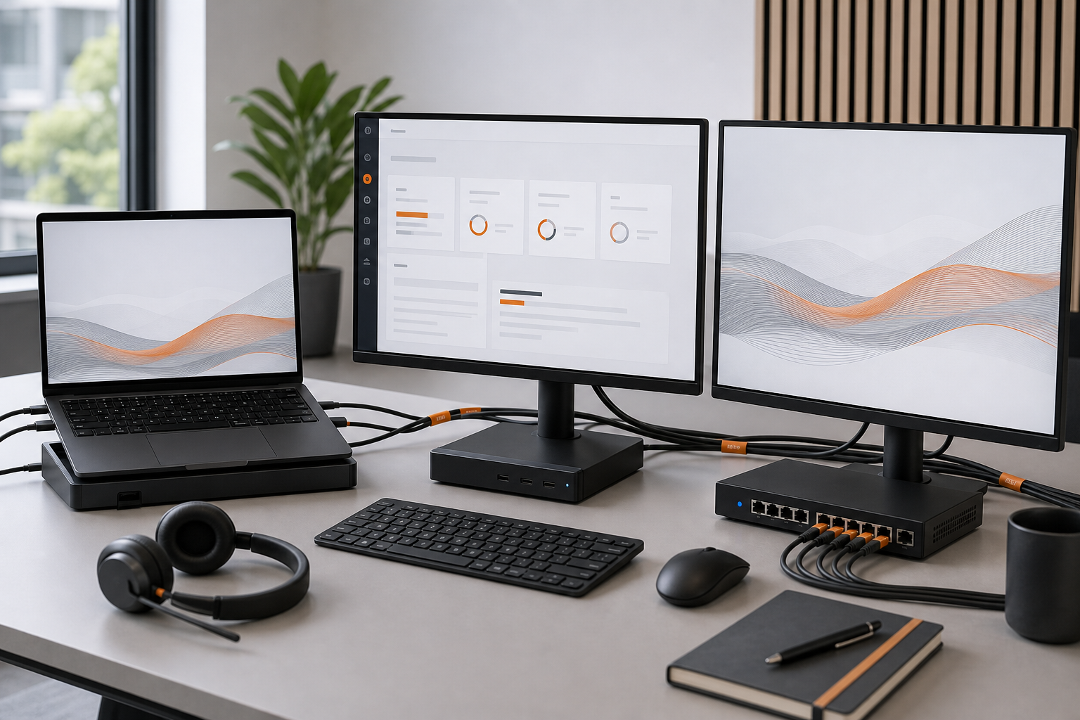 Vollständig eingerichteter Arbeitsplatz mit abgestimmter Hardware und Software