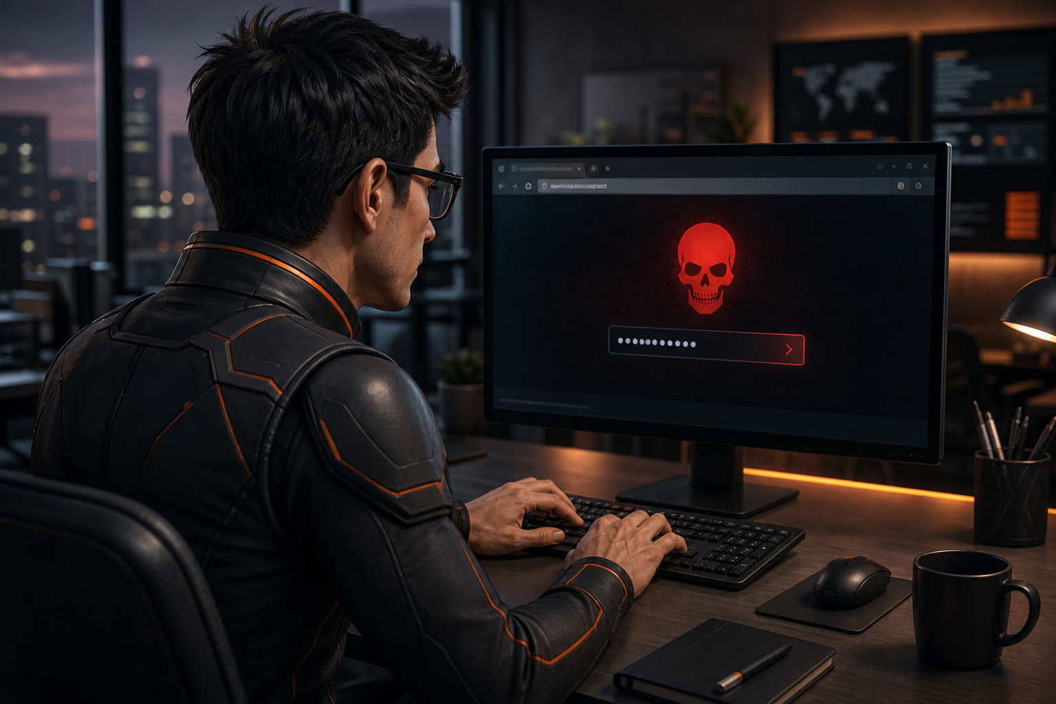Bytezero gibt ein Passwort auf einer Webseite mit Totenkopf-Warnung ein