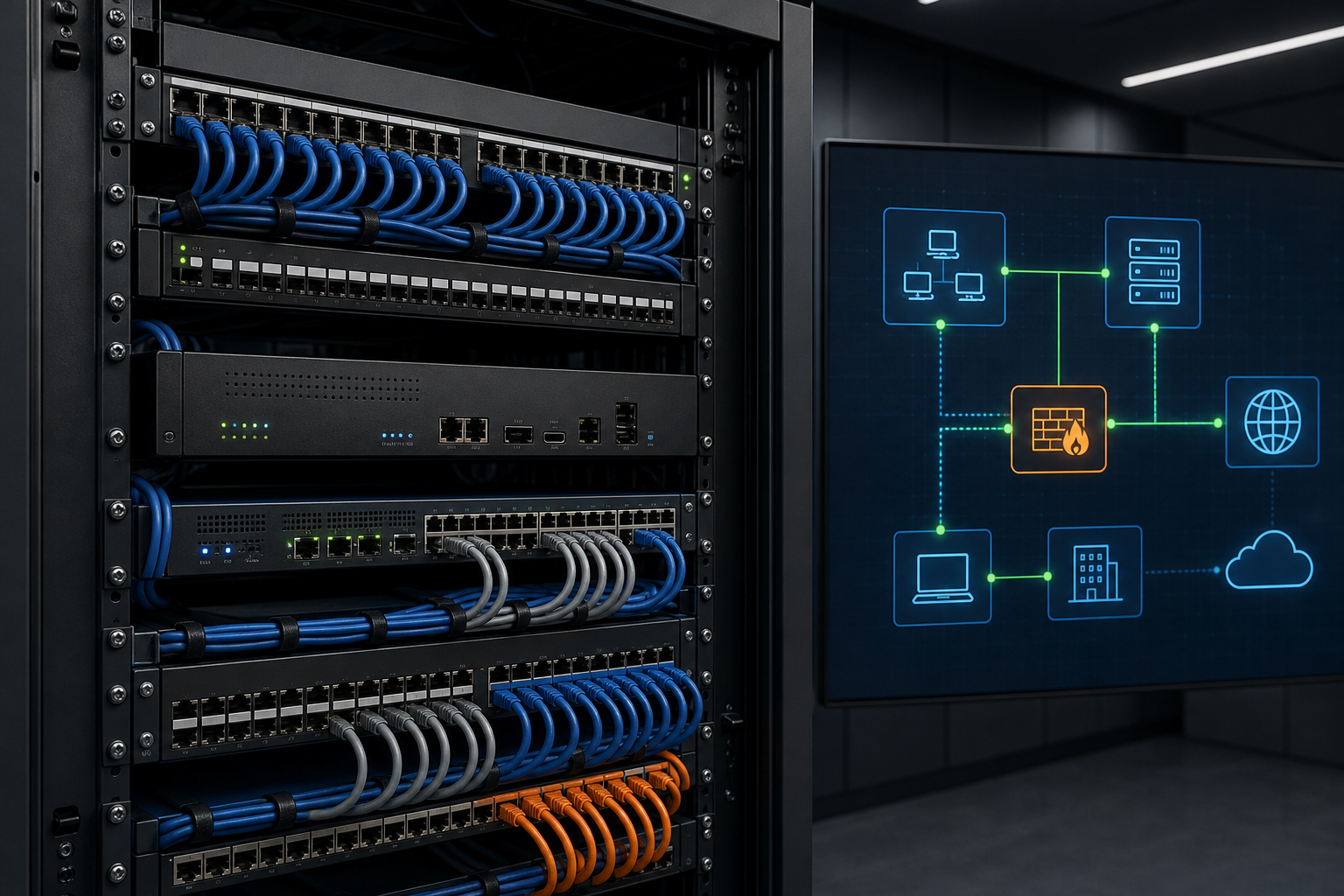 Netzwerkschrank mit Firewall, Switches und geordneten Verbindungen