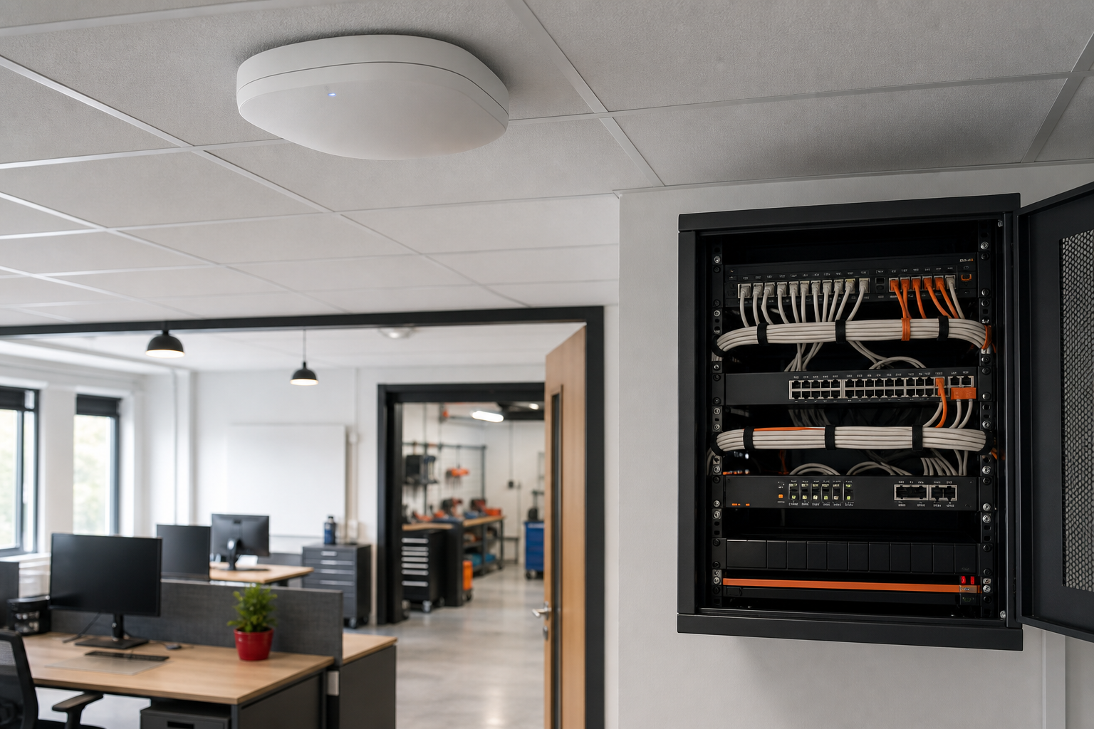 Decken-Access-Point und sauber gepatchte Netzwerktechnik in einer modernen Arbeitsumgebung