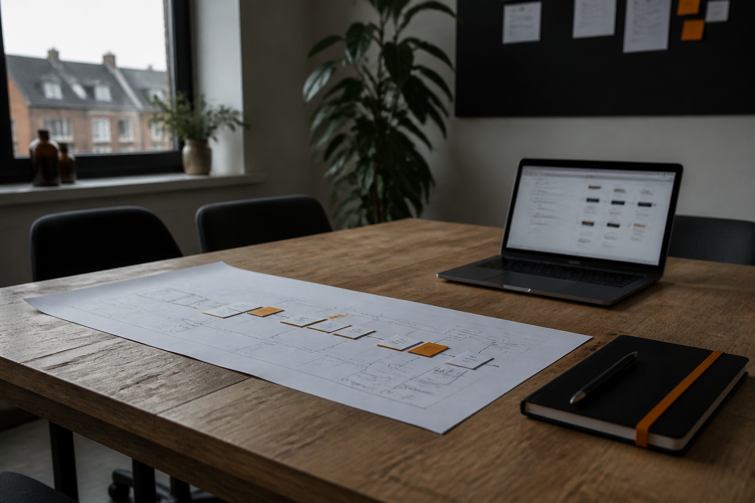 Arbeitstisch mit Prozessskizze und digitalem Werkzeug für die Softwareberatung