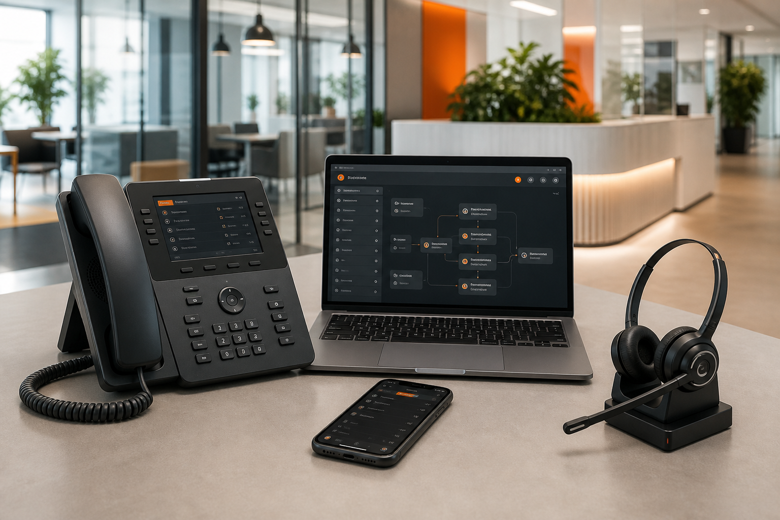 Moderne Telefonanlage mit Tischtelefon, Softphone, Smartphone und Headset